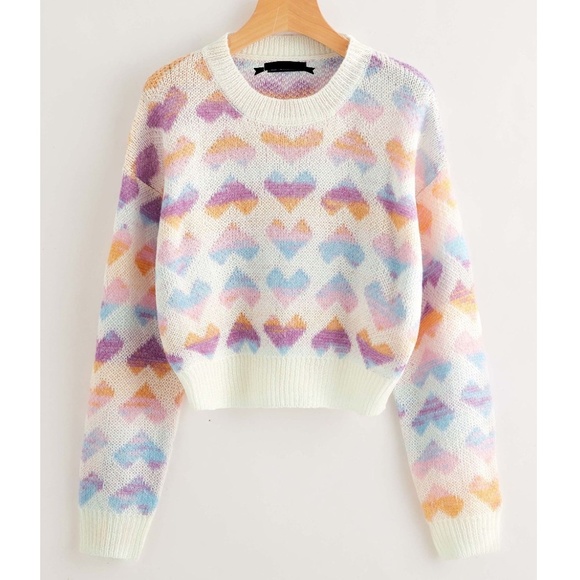 Sweaters - pink cream heart print knit fall pullover sweater